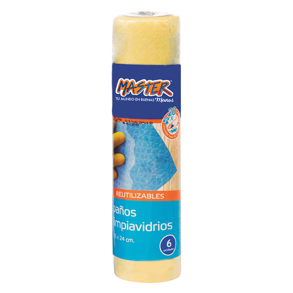 Paño Limpia Vidrio Gamuza Amarillo Rollo x6 paños Master