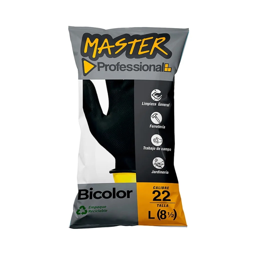 Guantes Domesticos Bicolor Negro Amarillo Calibre 22 Talla 9 x1 Par Master
