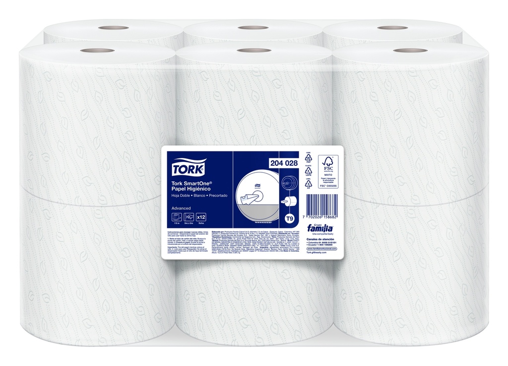 Papel Higienico BLANCO Hoja Doble Precortada SmartOne MINI Rollo de 110 m Tork