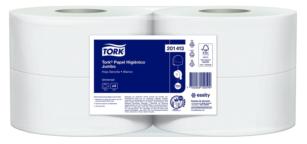 Papel Higienico Blanco Hoja Sencilla Rollos de 500 m Tork (Blt x 04 rollos)